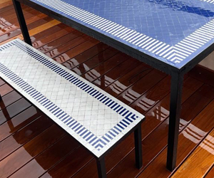 Banc et table haute rectangle en zellige et fer forgé