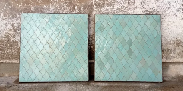 Motif écaille de poisson en vert céladon, zellige fabriqué à la main