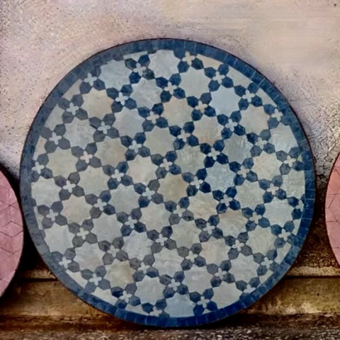 Plateau de table en zellige, 60 cm de diamètre, couleur gris et bleu