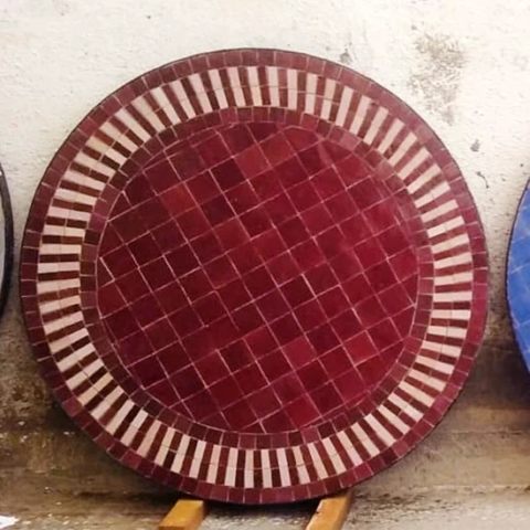 Petit plateau en zellige pour table ronde, motif rayé rouge et beige