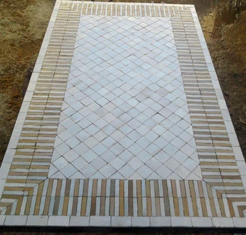 Grand plateau de table rectangle 160x80cm, zellige rayé blanc et beige