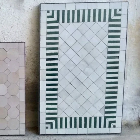 Plateau de table en zellige rayé blanc et vert