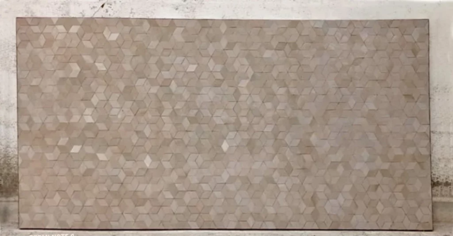 Plateau de table rectangle en zellige de couleur saumon et motif cubes, dimensions 200x95cm