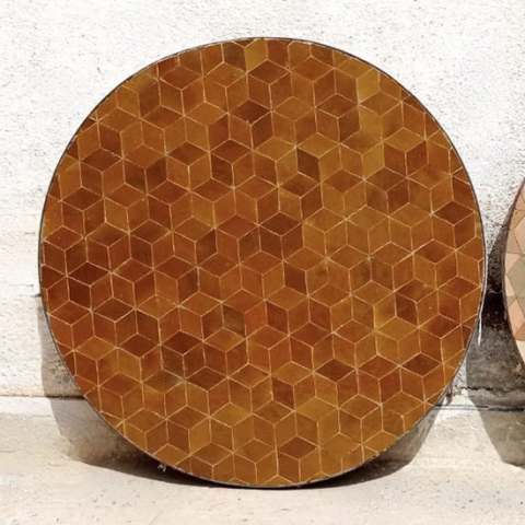 Plateau rond de table en zellige beige cuivré, diamètre 80cm