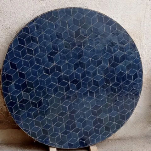 Plateau rond de table en zellige bleu profond