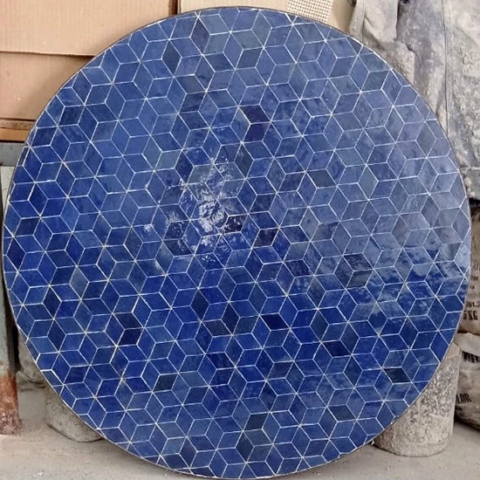 Plateau rond de table en zellige bleu roi et bleu nuit