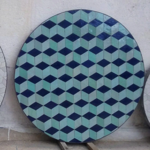 Plateau rond de table en zellige fabriqué sur mesure, couleur bleu et vert