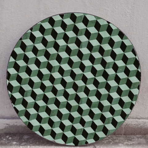 Plateau rond de table en zellige tricolore verts et noir