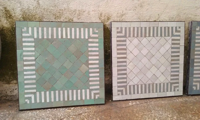 Plateaux de table carrés, 55x55 cm, zellige rayé tilleul et blanc