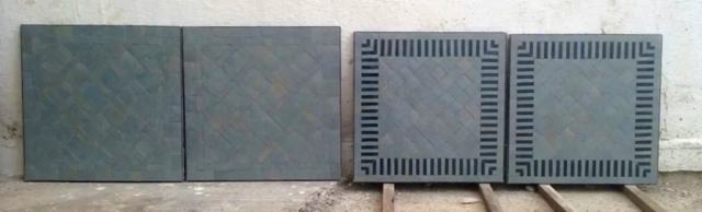 Plateaux de table en zellige rayé, commande sur mesure et fabrication artisanale de couleur gris