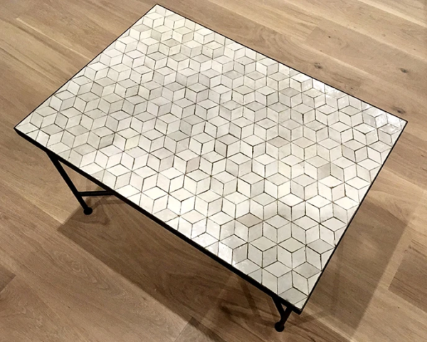 table basse rectangulaire en zellige blanc au motif cube, 80x60cm, hauteur 30cm