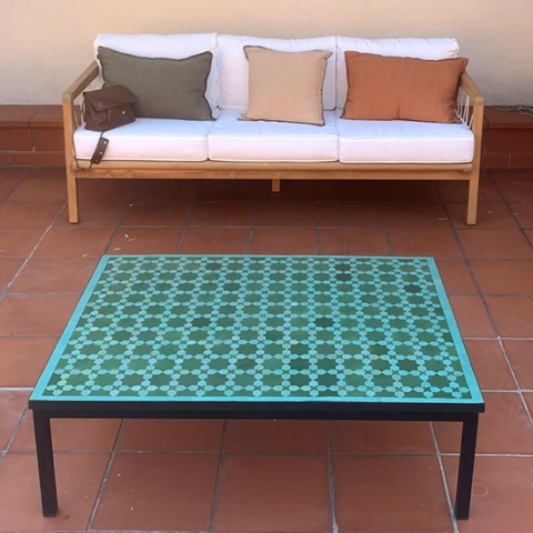 Table basse de salon, forme rectangulaire, zellige et fer forgé à la main, vert anglais et vert d'eau, livraison à Marseille