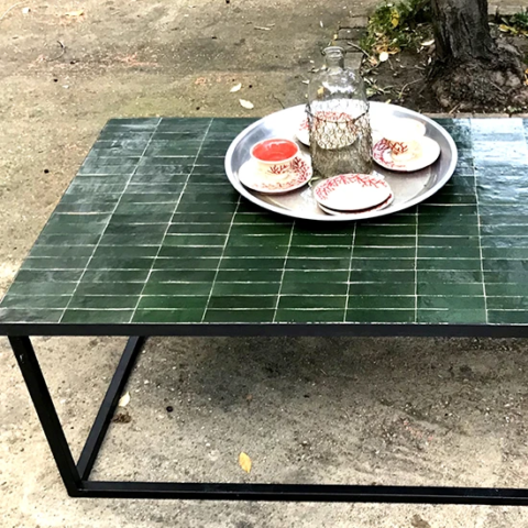 Table basse en zellige vert anglais réalisée sur mesure, motif rectangle
